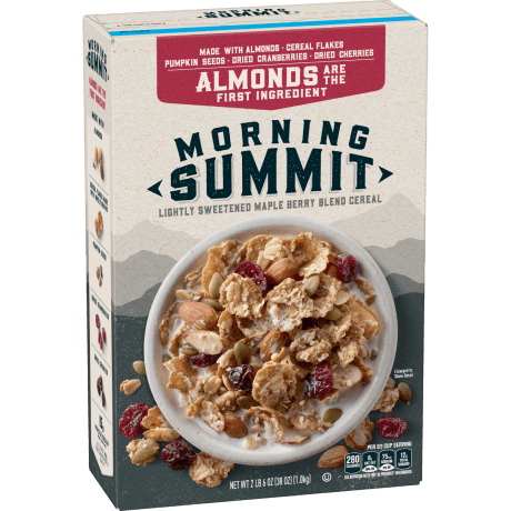 A box of Morning Summit Lightly Sweetened Maple Berry Blend Cereal