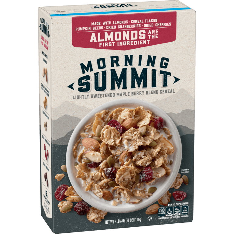 A box of Morning Summit Lightly Sweetened Maple Berry Blend Cereal